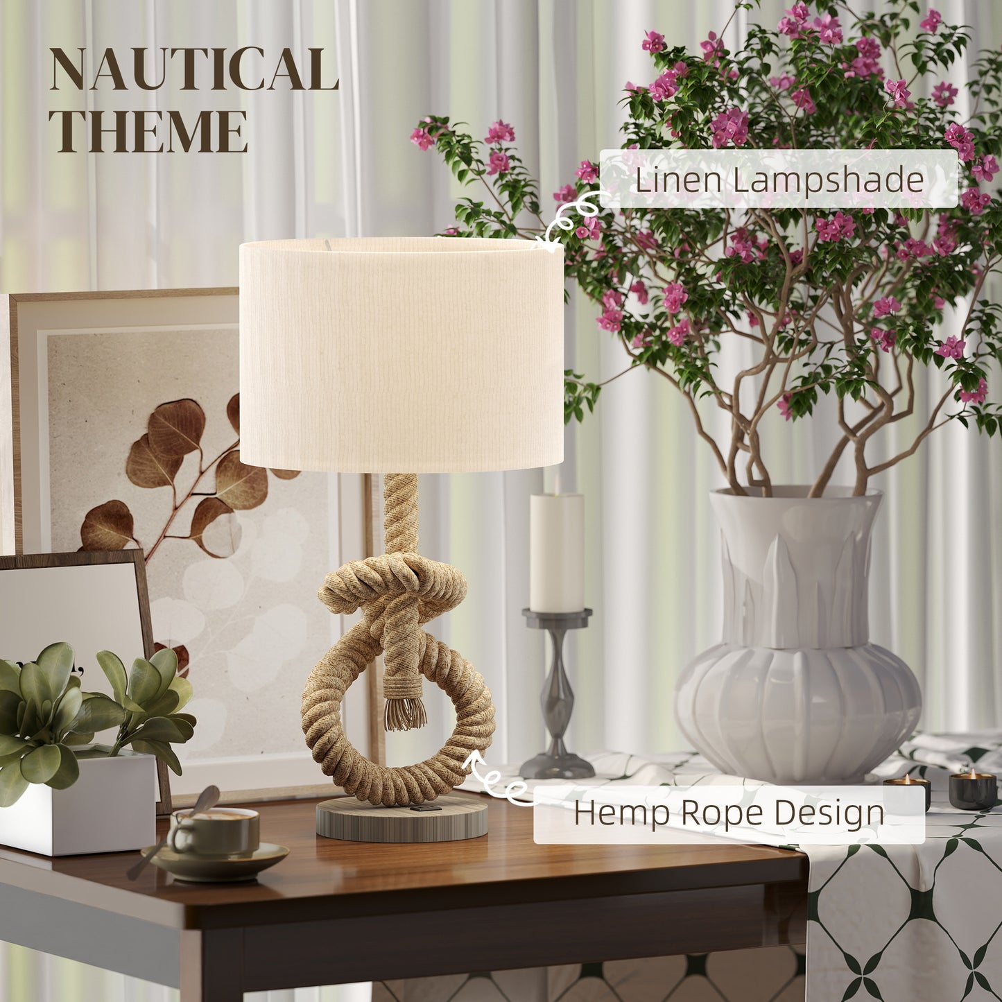HOMCOM Nautical Table Lamps Set Of 2 With USB Port For Bedroom And Living Room Warm White LED Bulbs Included Hemp Rope