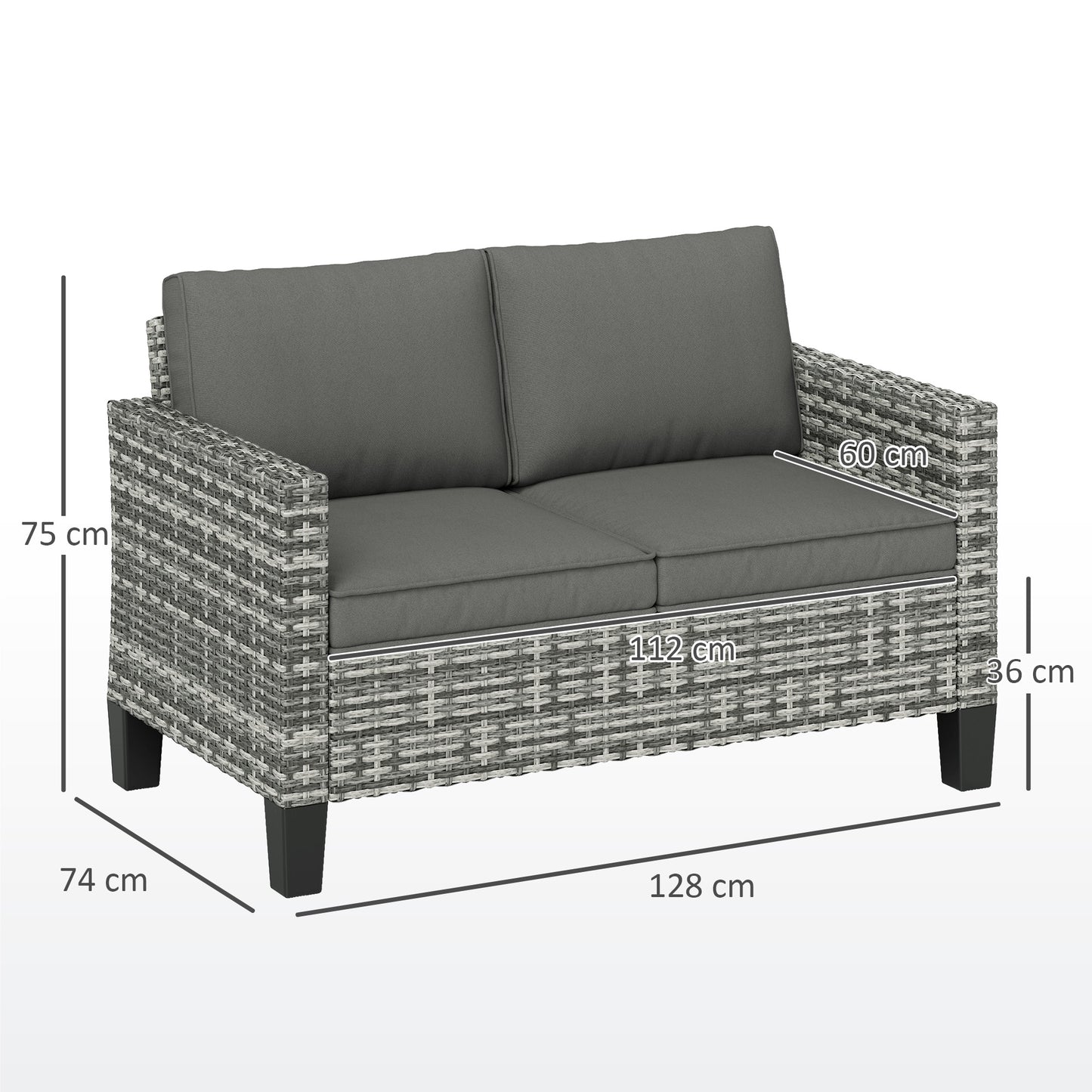 Outsunny Two Seater Rattan Outdoor Sofa With Thick Cushions And Adjustable Feet Light Grey
