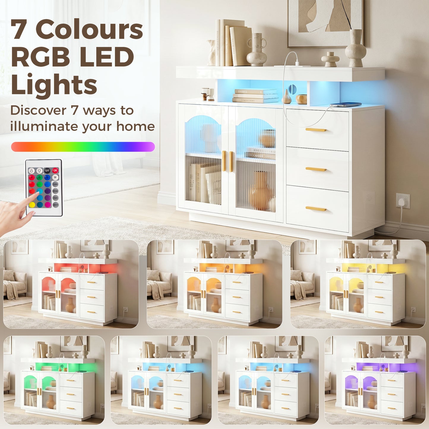 HOMCOM High Gloss Sideboard With LED Lights Built In Power Outlets 3 Drawers Shelves And 2 Acrylic Doors White