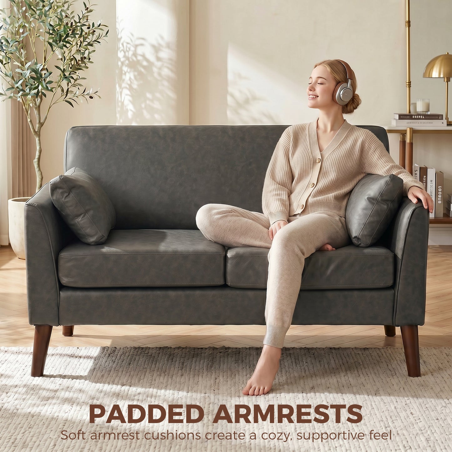 HOMCOM 2 Seater Sofa 132 Cm For Small Spaces With Solid Wood Legs And 2 Pillows In Grey Pebbled PU Leather