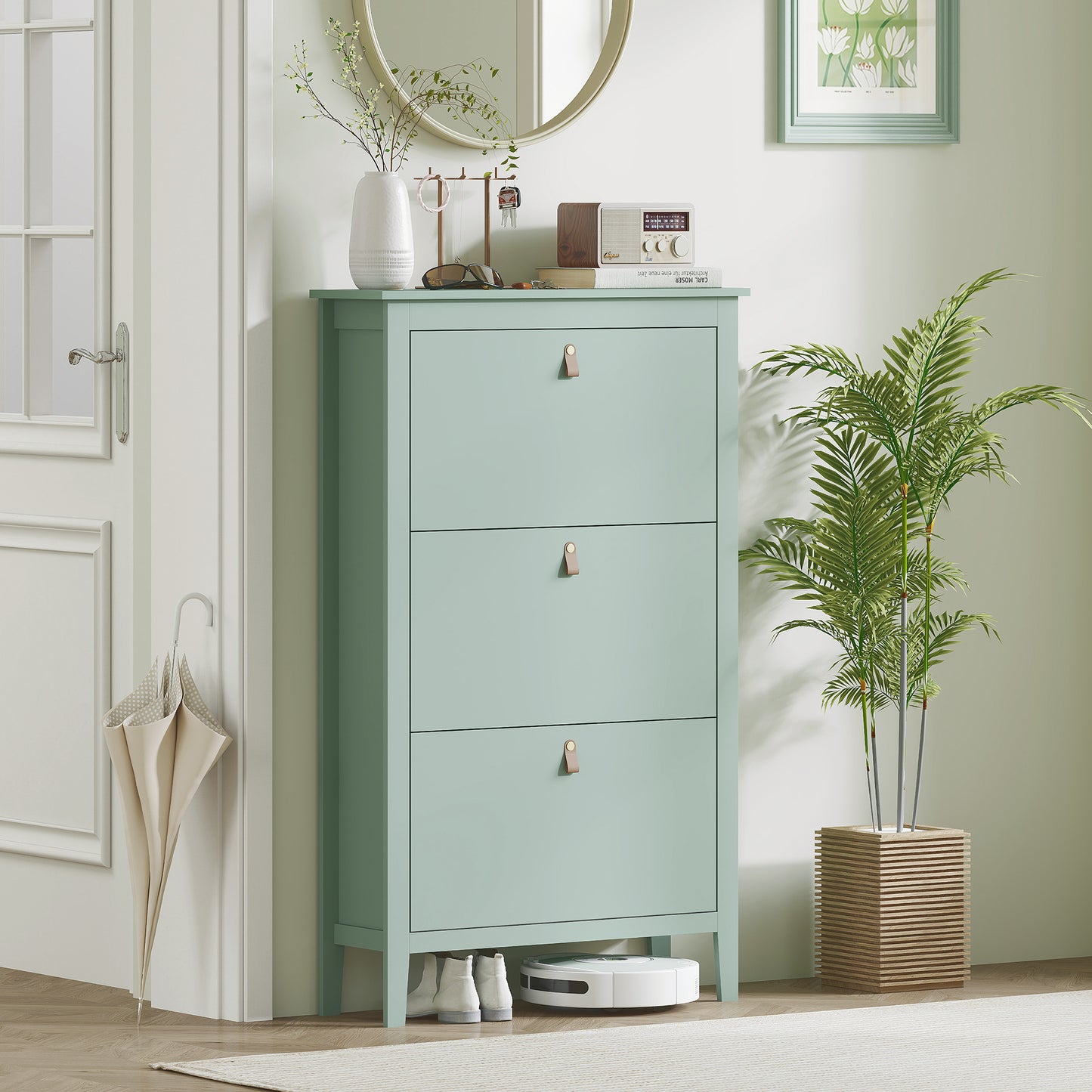 HOMCOM Slim Modern Three Drawer Shoe Cabinet in Green Holds 21 Pairs of Shoes for Neat Entryway Organization