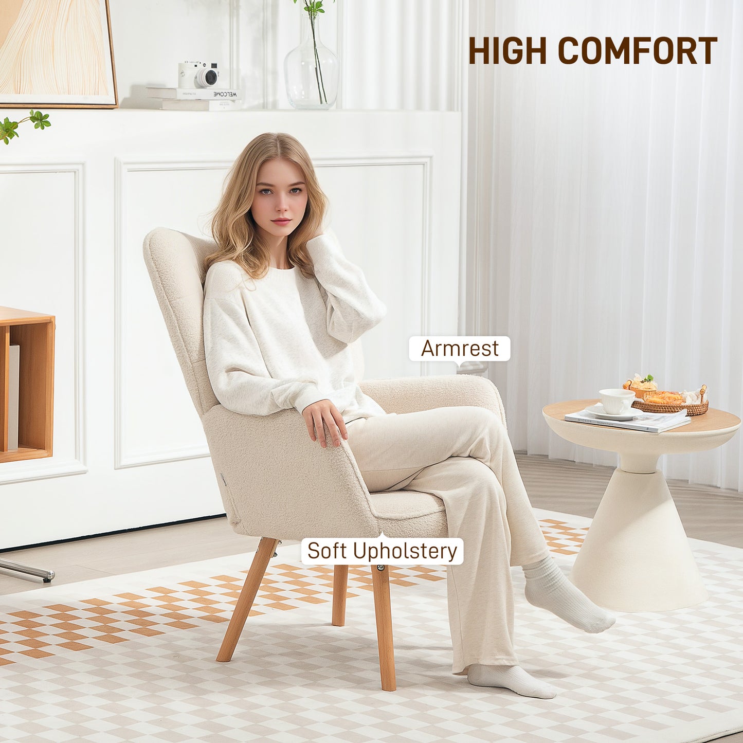 HOMCOM Modern Accent Chair Upholstered High Back Armchair Tufted Wingback Teddy Fleece Wood Legs Cream White