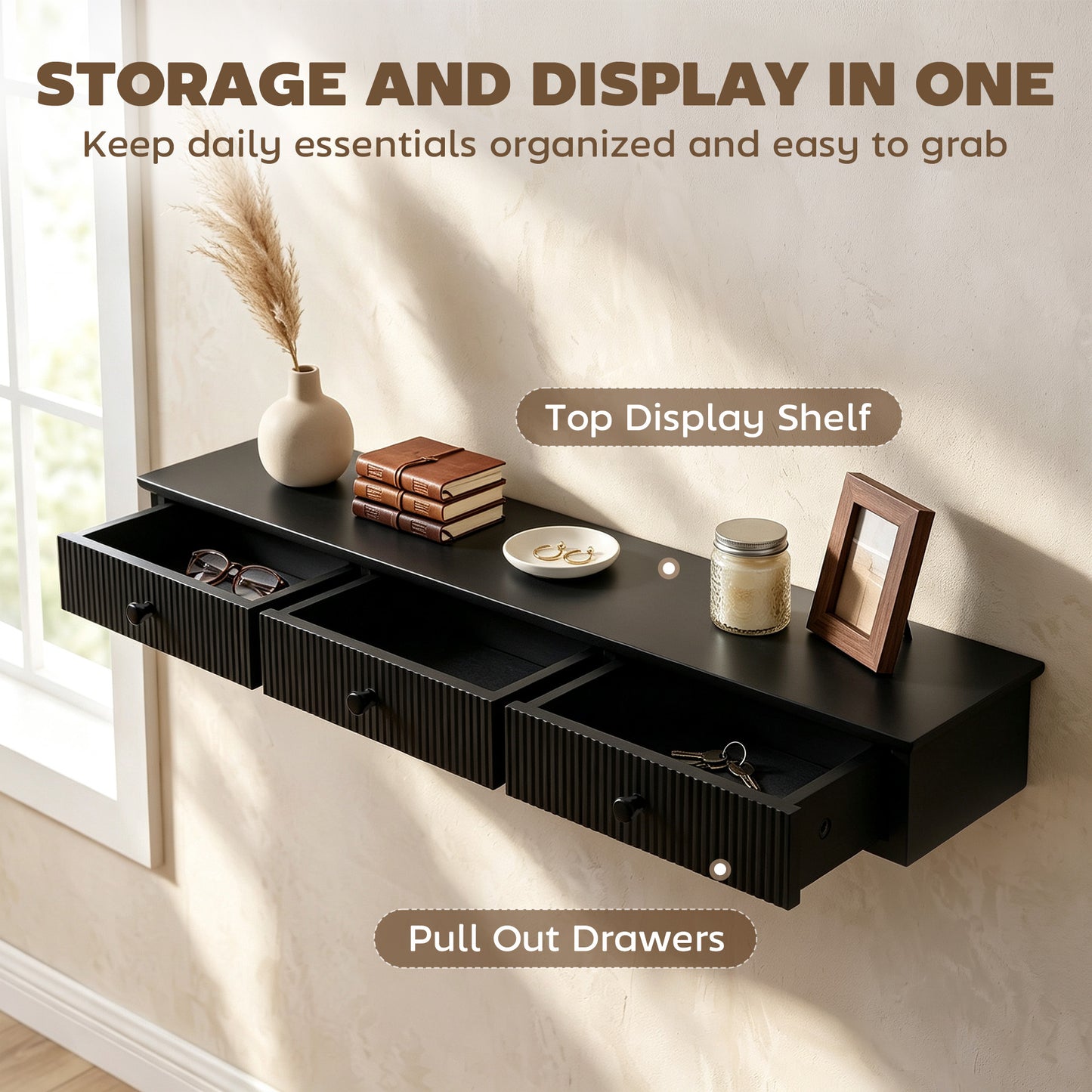 HOMCOM Black Wall Mount Storage Shelf Unit With Drawers For Entryway