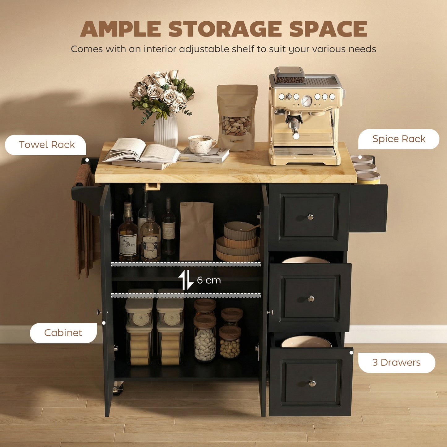 HOMCOM Kitchen Island On Wheels Rolling Kitchen Storage Trolley With Drop Leaf Drawers Towel Rack And Spice Rack Black