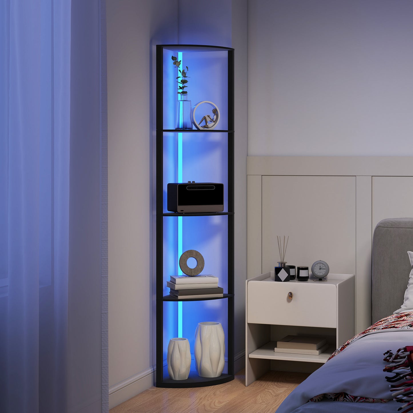 HOMCOM RGB LED Floor Lamp With Shelves 4 Tier Dimmable Standing Lamp With Remote Control Black