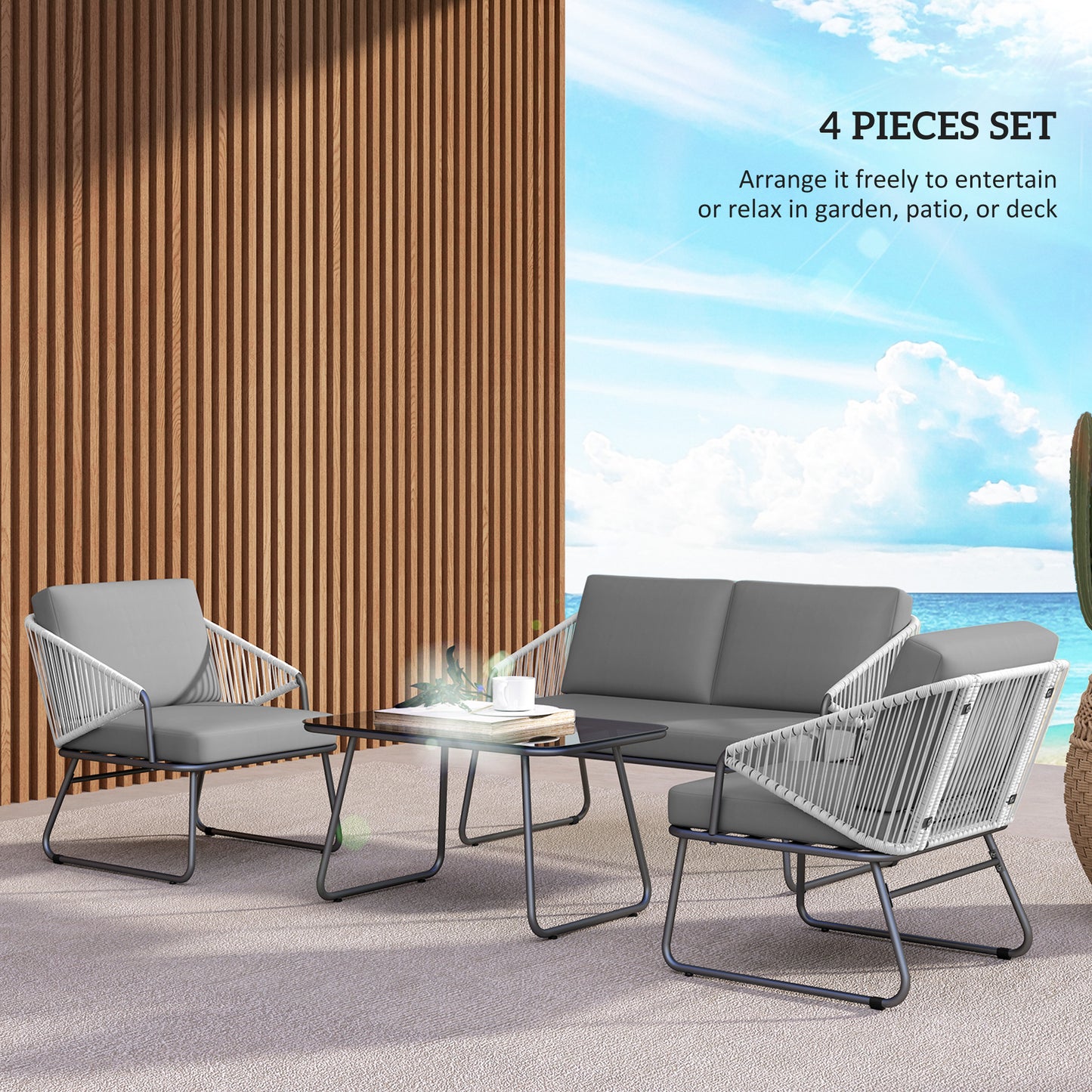 Outsunny Four Piece Rattan Outdoor Sofa Set with Strong Steel Frame Grey Loveseat Two Chairs and Coffee Table
