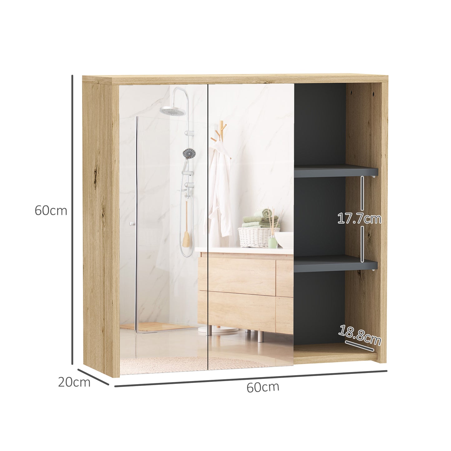 HOMCOM Five Shelf Mirrored Bathroom Cabinet Wood Effect Wall Mounted With Door Shelves And Outer Shelves