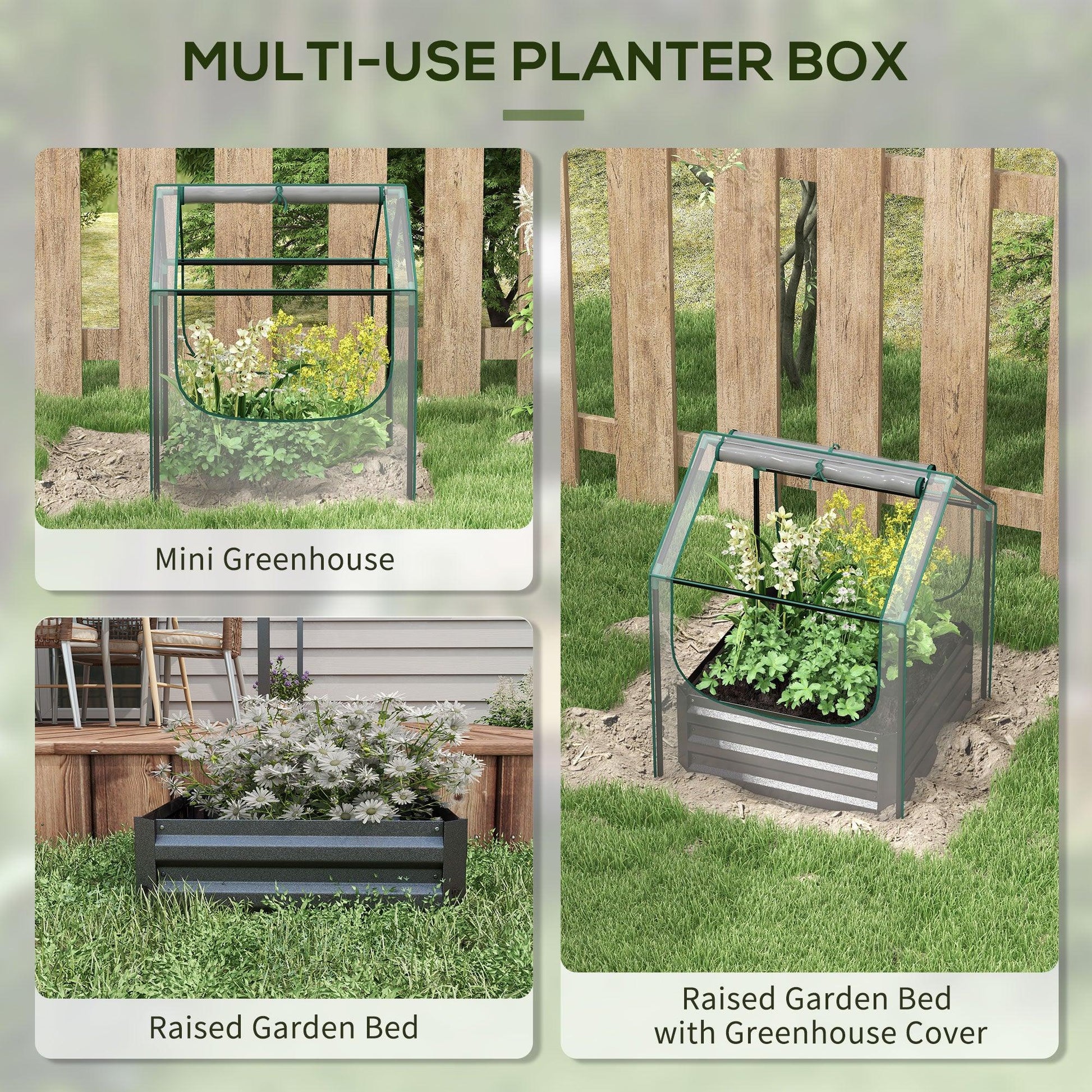 Outsunny Metal Planter Box with Cover, Raised Garden Bed with Greenhouse, for Herbs and Vegetables, Clear and Dark Grey - ALL4U RETAILER LTD