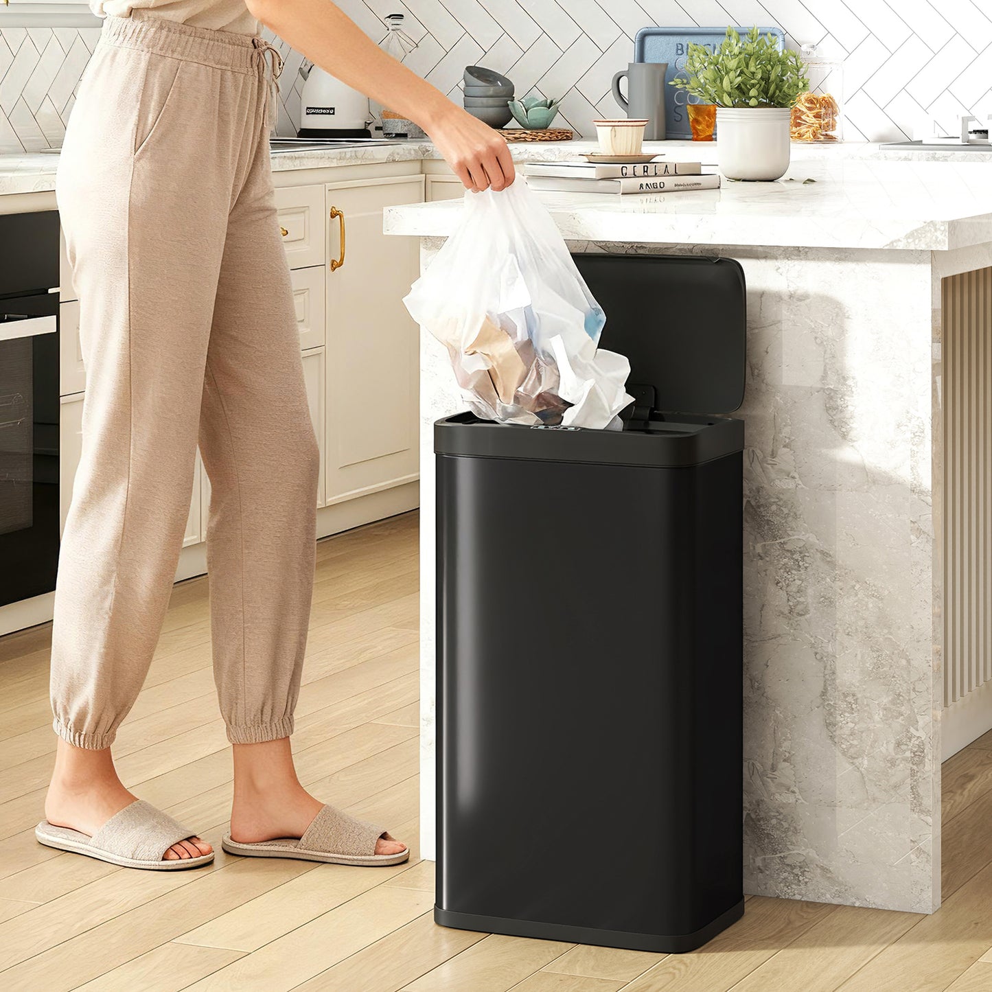 HOMCOM 45L Kitchen Sensor Bin Black Touchless Motion Sensor Lid Auto Open And Quiet Close With Removable Inner Bucket