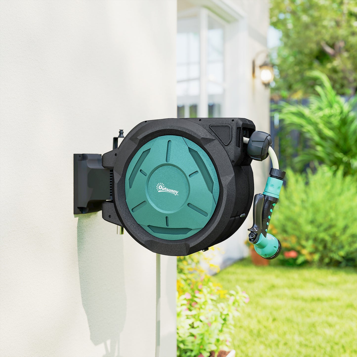 Outsunny Retractable Hose Reel Wall Mounted 20m And 2m Hose With Auto Rewind 180 Degree Swivel 7 In 1 Nozzle Black