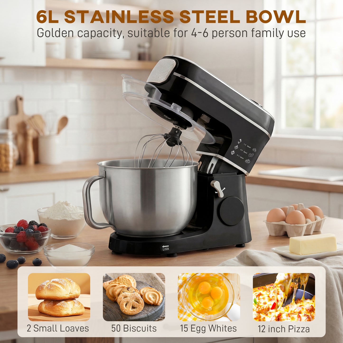 HOMCOM Stand Mixer 6L 1400W Tilt Head With 11 Speeds Pulse Fermentation Stainless Steel Bowl LED Display Black