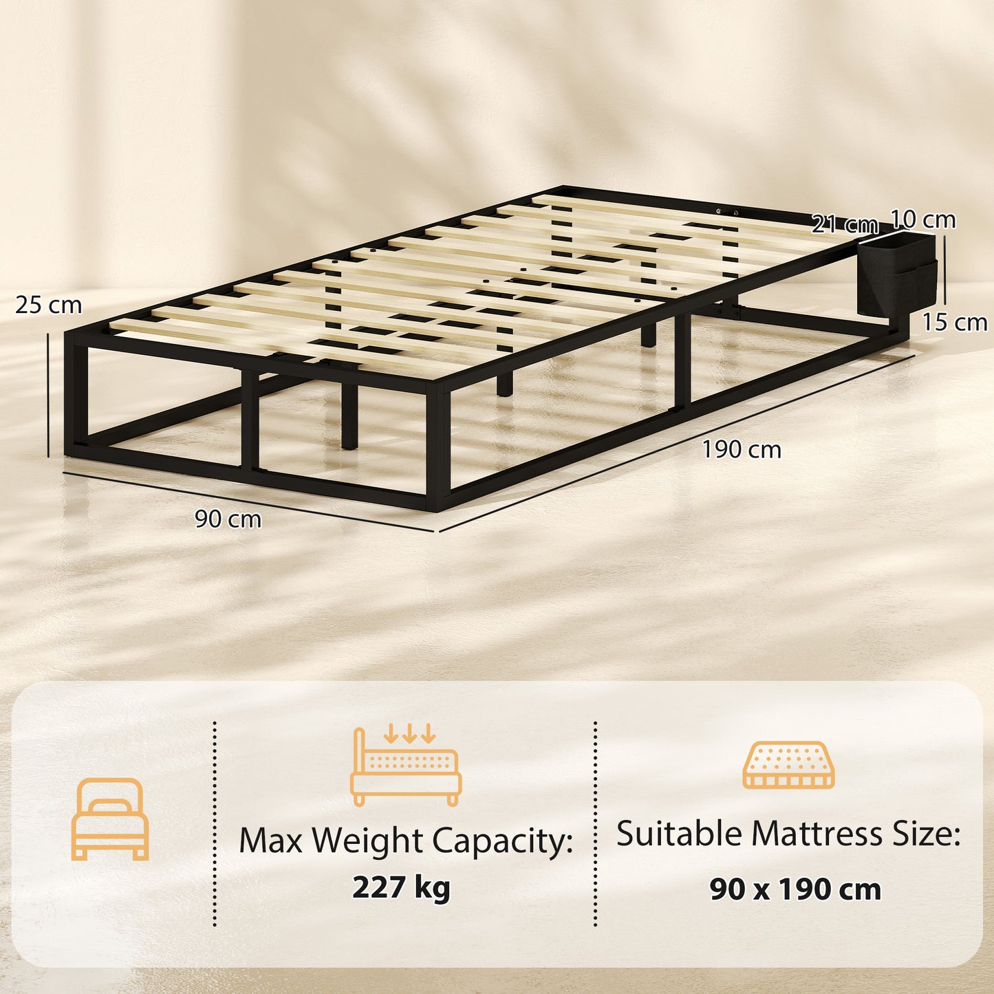 HOMCOM Black Metal Platform Bed Frame With 12 Slats And Storage Bag
