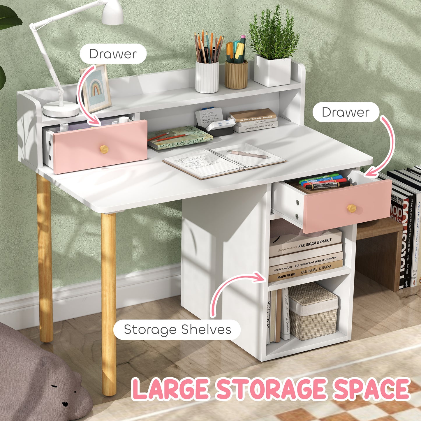 AIYAPLAY Pink 2 Piece Kids Desk With Hutch And Chair Set Storage Drawers Shelves For Ages 3 To 8