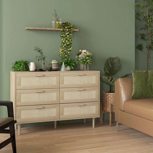 HOMCOM 6 Drawer Tall Chest Of Drawers With Rattan Element Oak Finish For Bedroom And Living Room