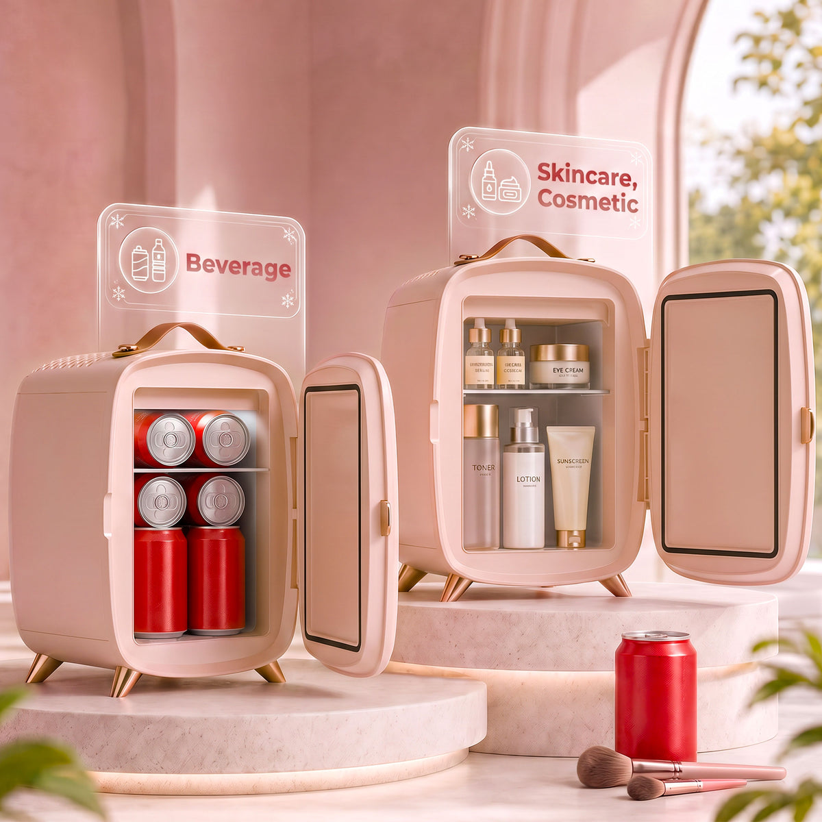 Pink mini fridge with open storage compartments and skincare/beverage label icons