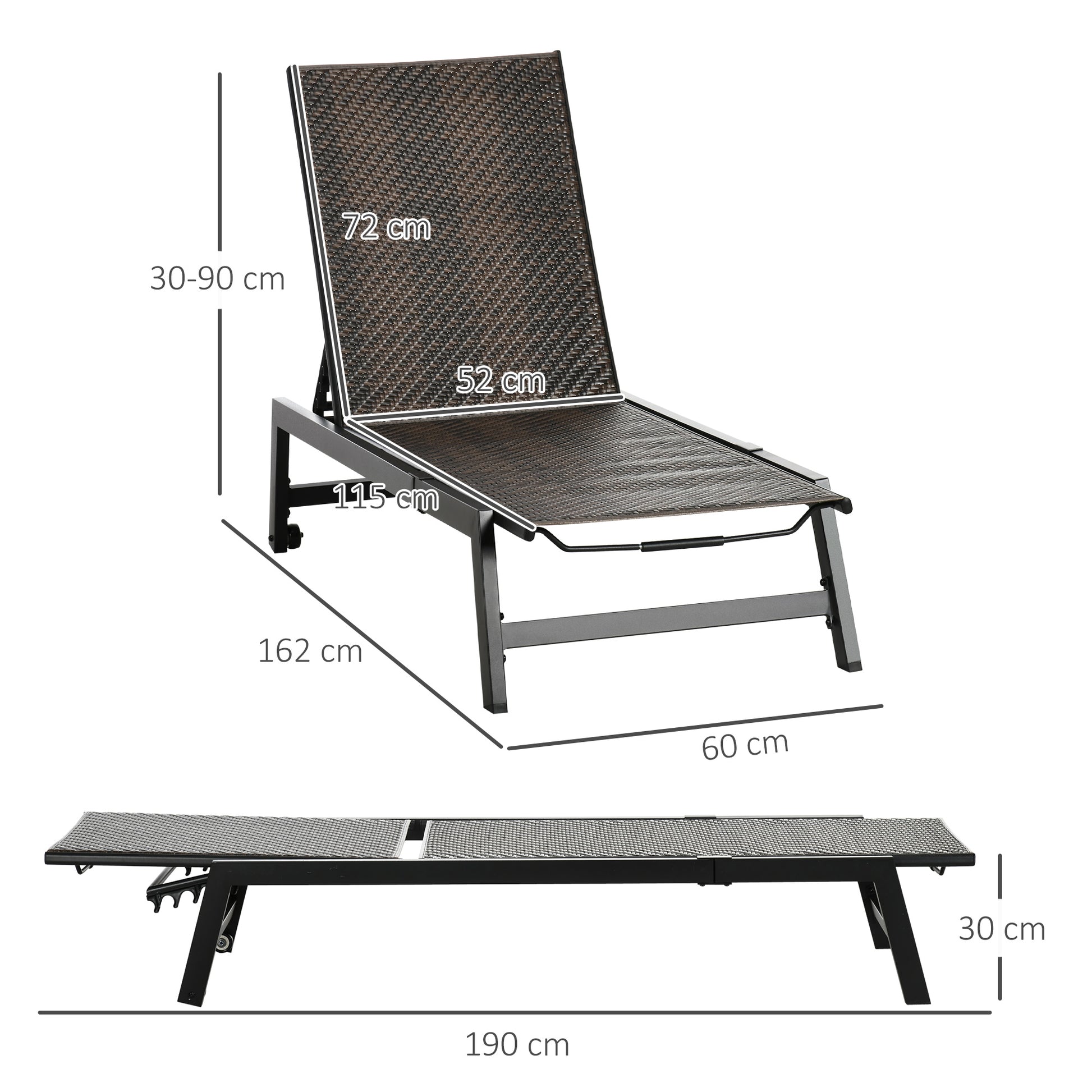 Outsunny Adjustable PE Rattan Chaise Lounge Chair with Wheels for Outdoor Relaxation, Brown - ALL4U RETAILER LTD