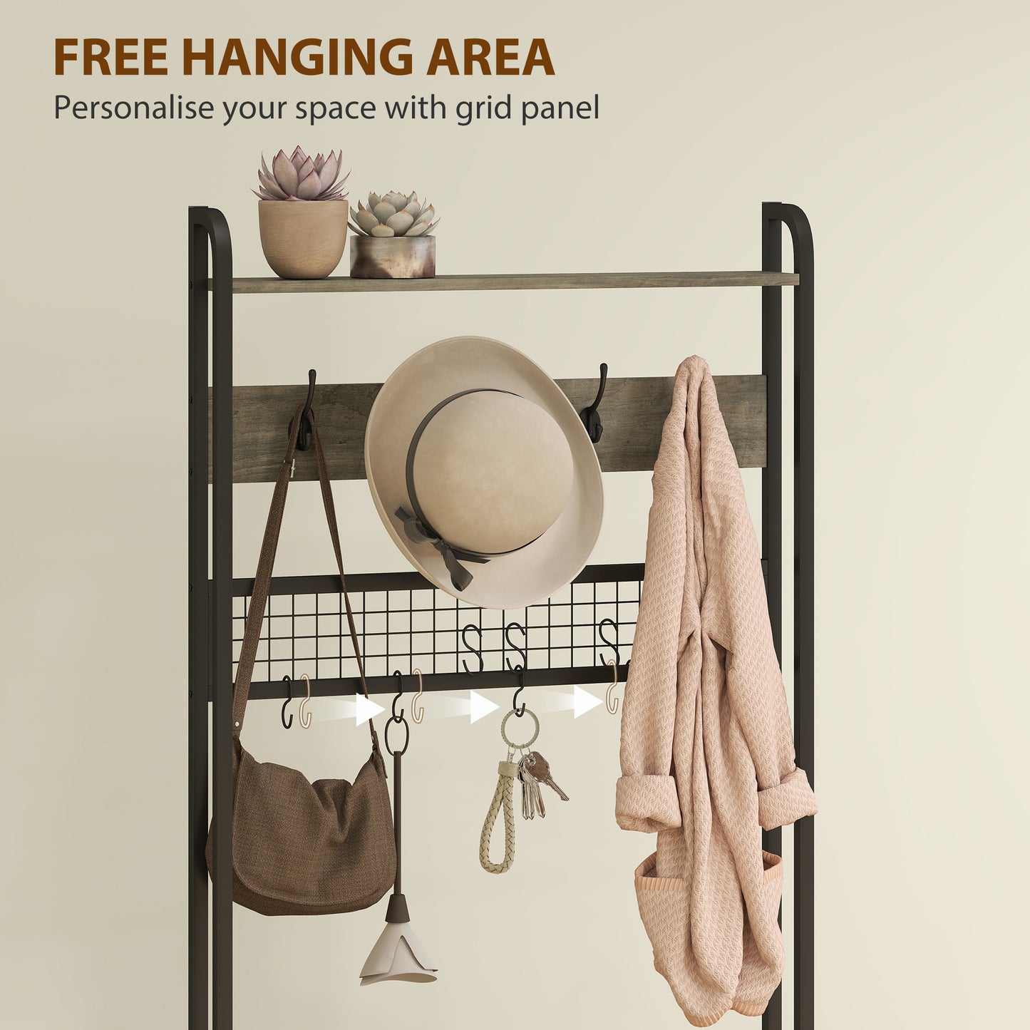 HOMCOM 5 In 1 Industrial Style Hallway Tree Grey Black Coat Rack Bench And Shoe Storage