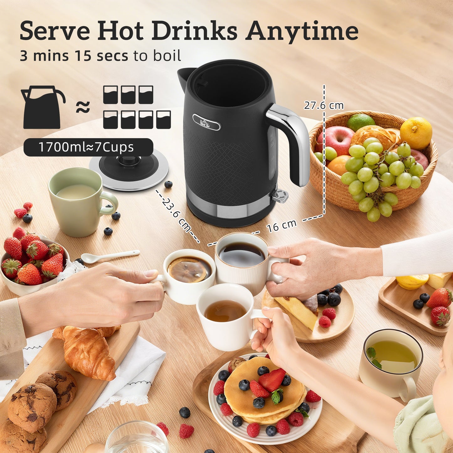 HOMCOM Kettle And Four Slice Toaster Set Black Sleek Textured Kitchen Appliance Pair