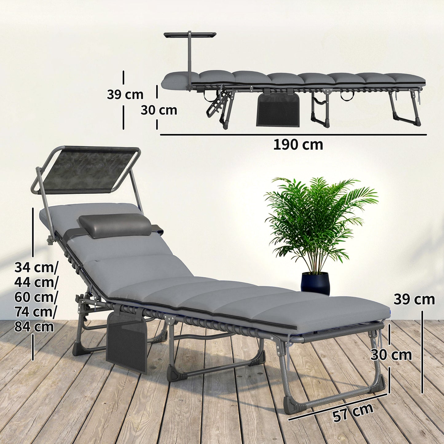 Outsunny Folding Sun Loungers Set Of 2 With Canopy Cushions Side Pocket And Carrying Handle Light Grey