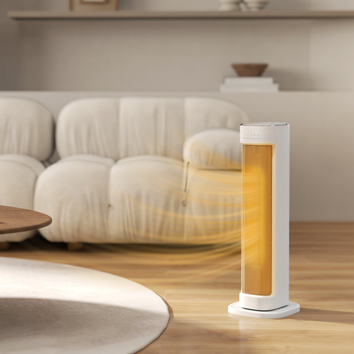 White ceramic electric tower heater with glowing heating core on floor near sofa