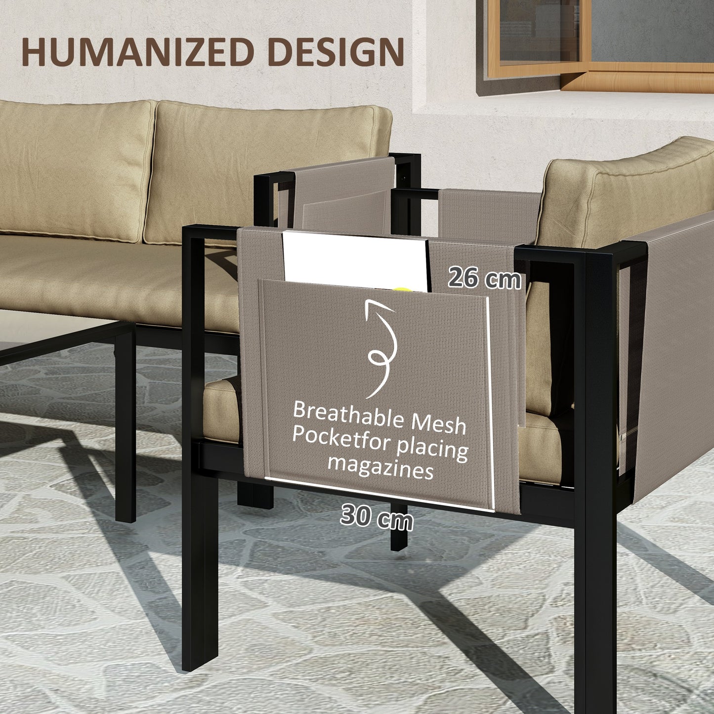 Outsunny 4 Piece Metal Garden Furniture Set With Tempered Glass Coffee Table And Cushioned Armchairs Khaki Outdoor