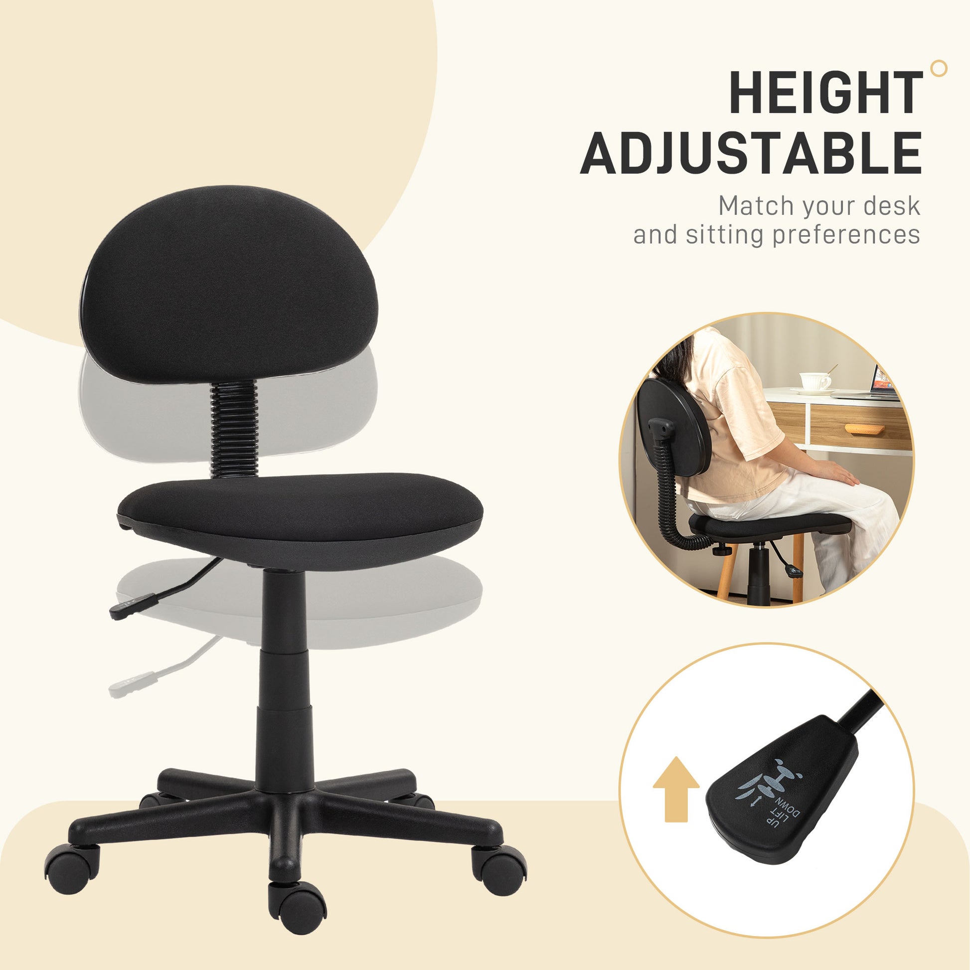 HOMCOM Compact Swivel Desk Chair - Black - ALL4U RETAILER LTD