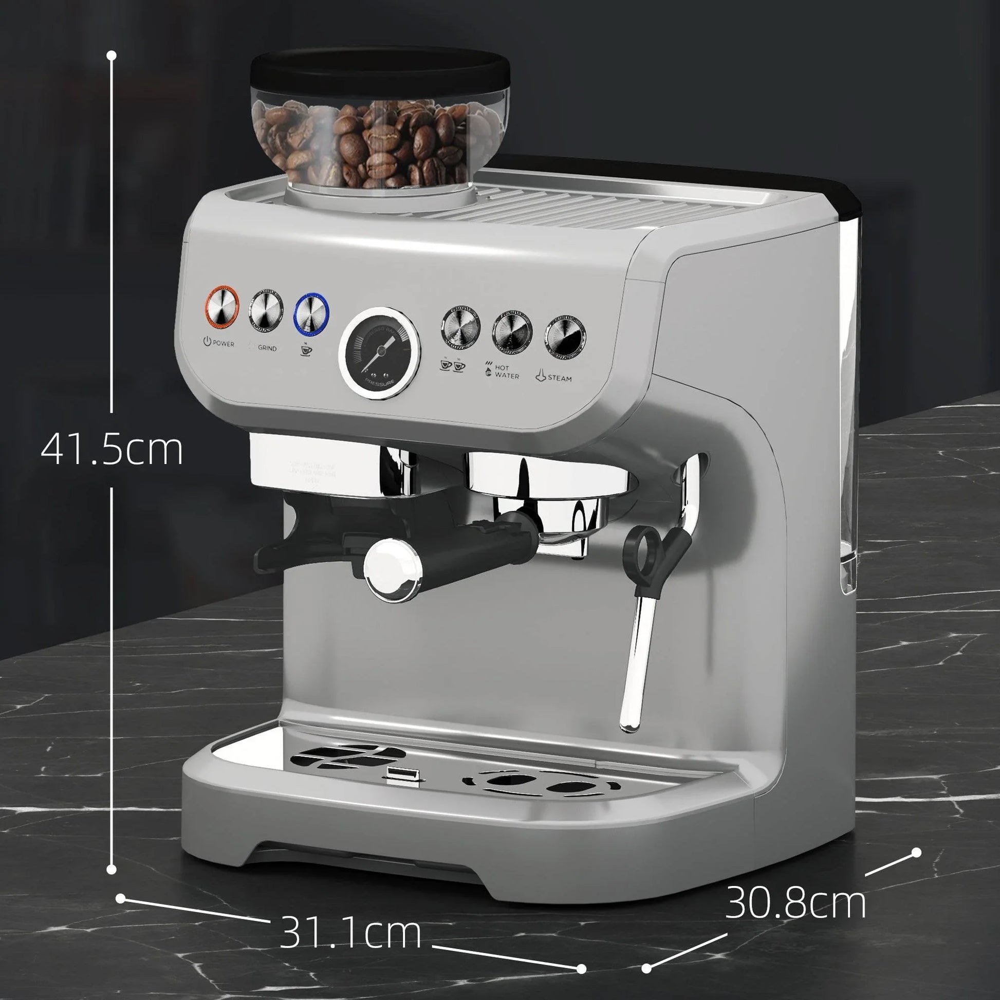 HOMCOM 15 Bar Espresso Maker with Adjustable Grind Settings and Milk Steamer - Silver Finish - ALL4U RETAILER LTD