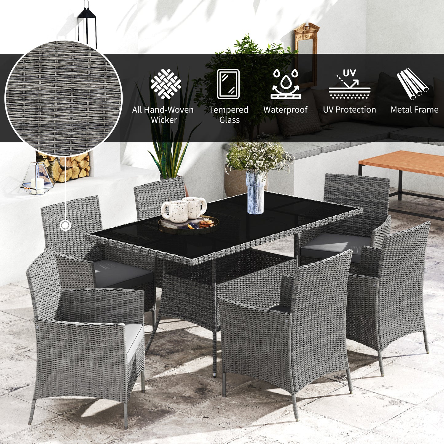 Outsunny 7 Piece Rattan Garden Furniture Set With Cushions 6 Seater Table And Chairs Glass Top Charcoal Grey