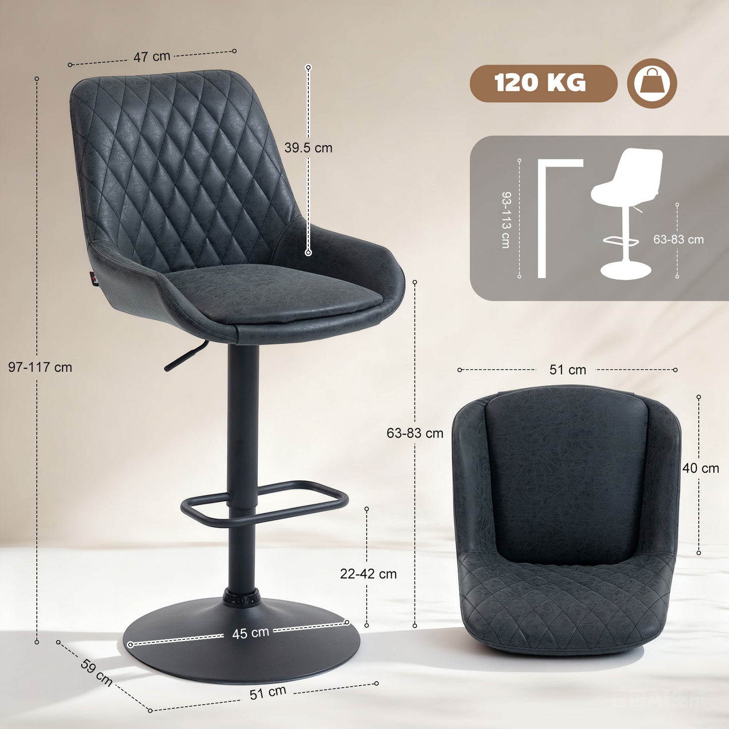 HOMCOM Set Of Two Faux Leather Retro Bar Stools Black With Padded High Back And Adjustable Height 63 To 83 Cm