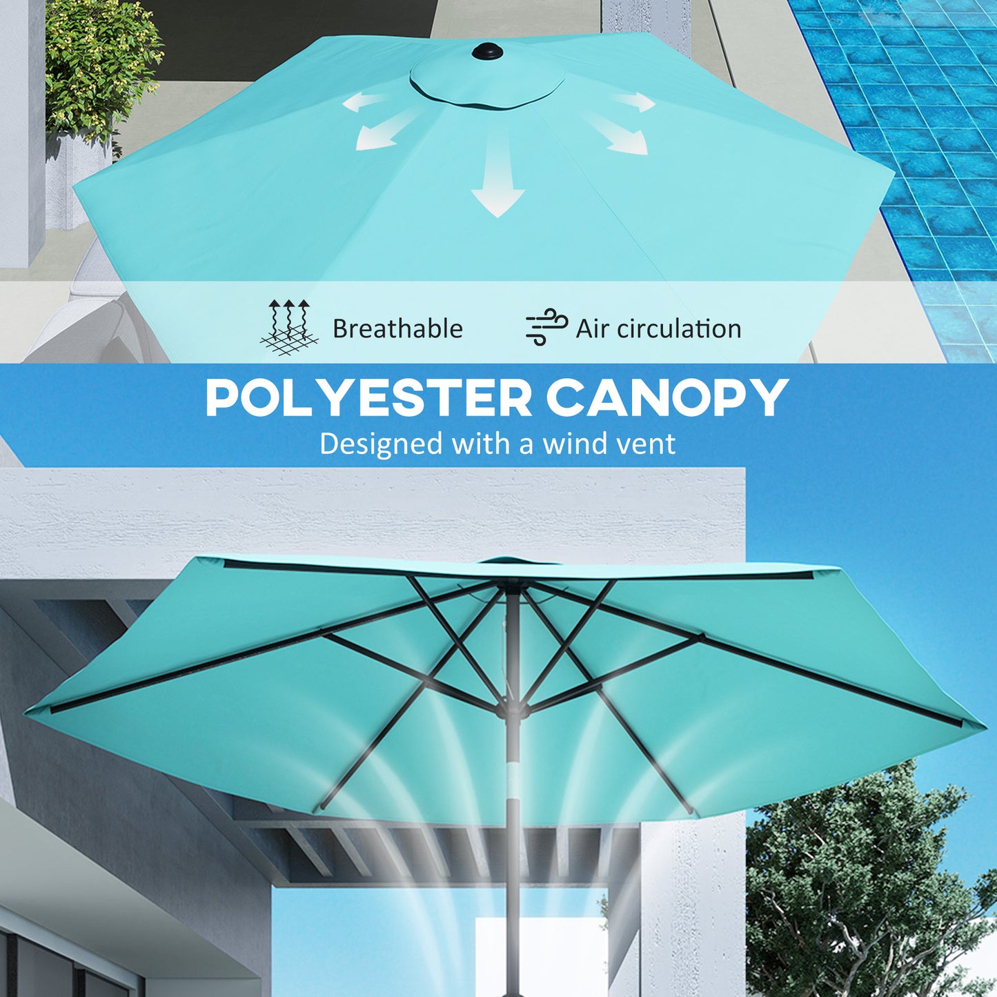 Outsunny 2.6 m Garden Parasol Umbrella With Aluminium Pole Outdoor Patio Umbrella With Tilt And Crank Vent Turquoise