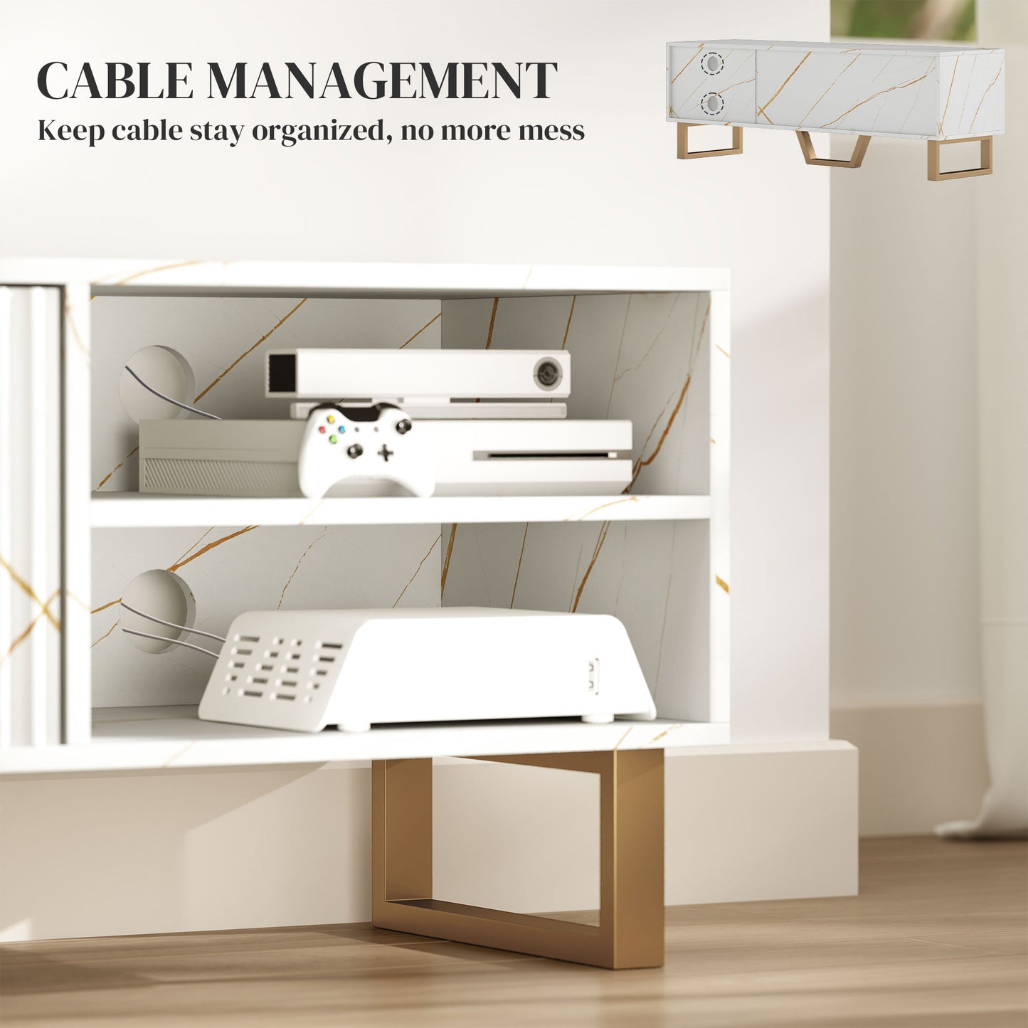 HOMCOM Marble Effect TV Unit For Up To 70 Inch TVs With Fluted Doors Open Shelves And Cable Management White