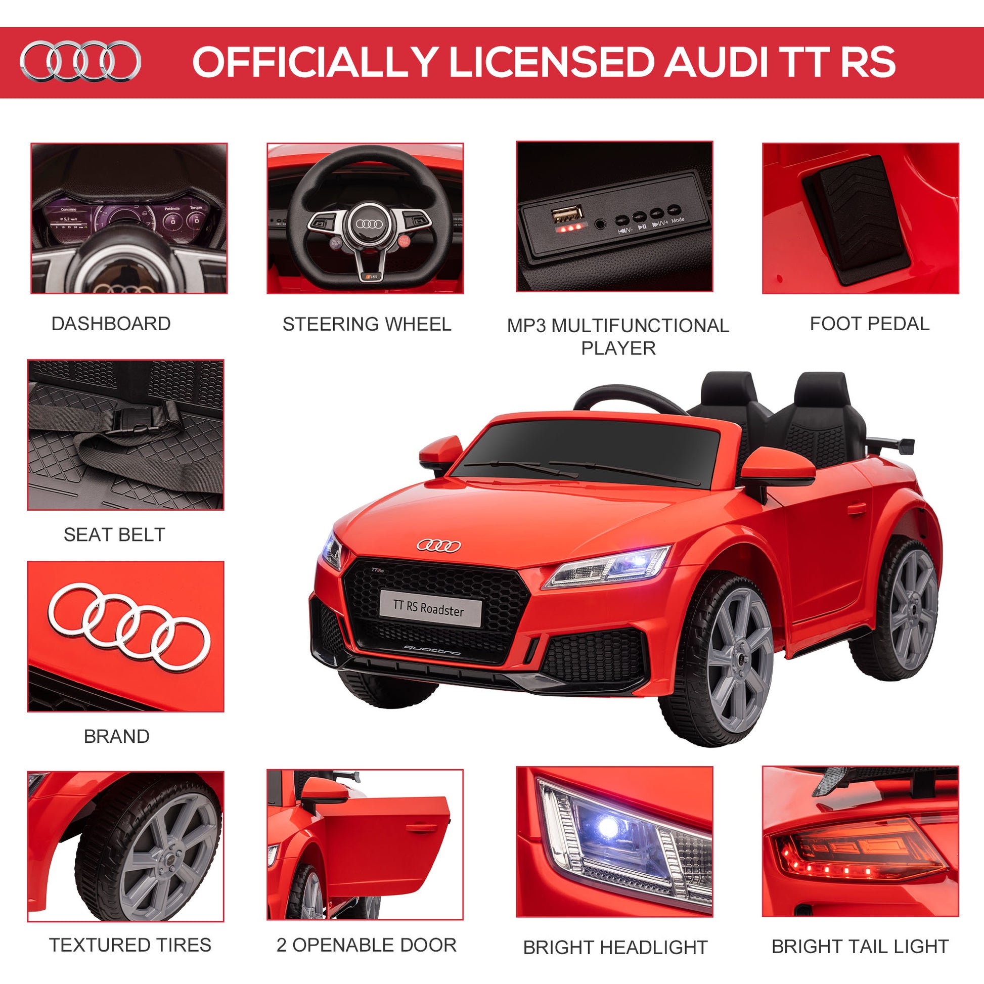 HOMCOM 12V Audi TT RS Kids Ride-On Car with Remote Control, Lights, Horn, and MP3 Player - Red - ALL4U RETAILER LTD