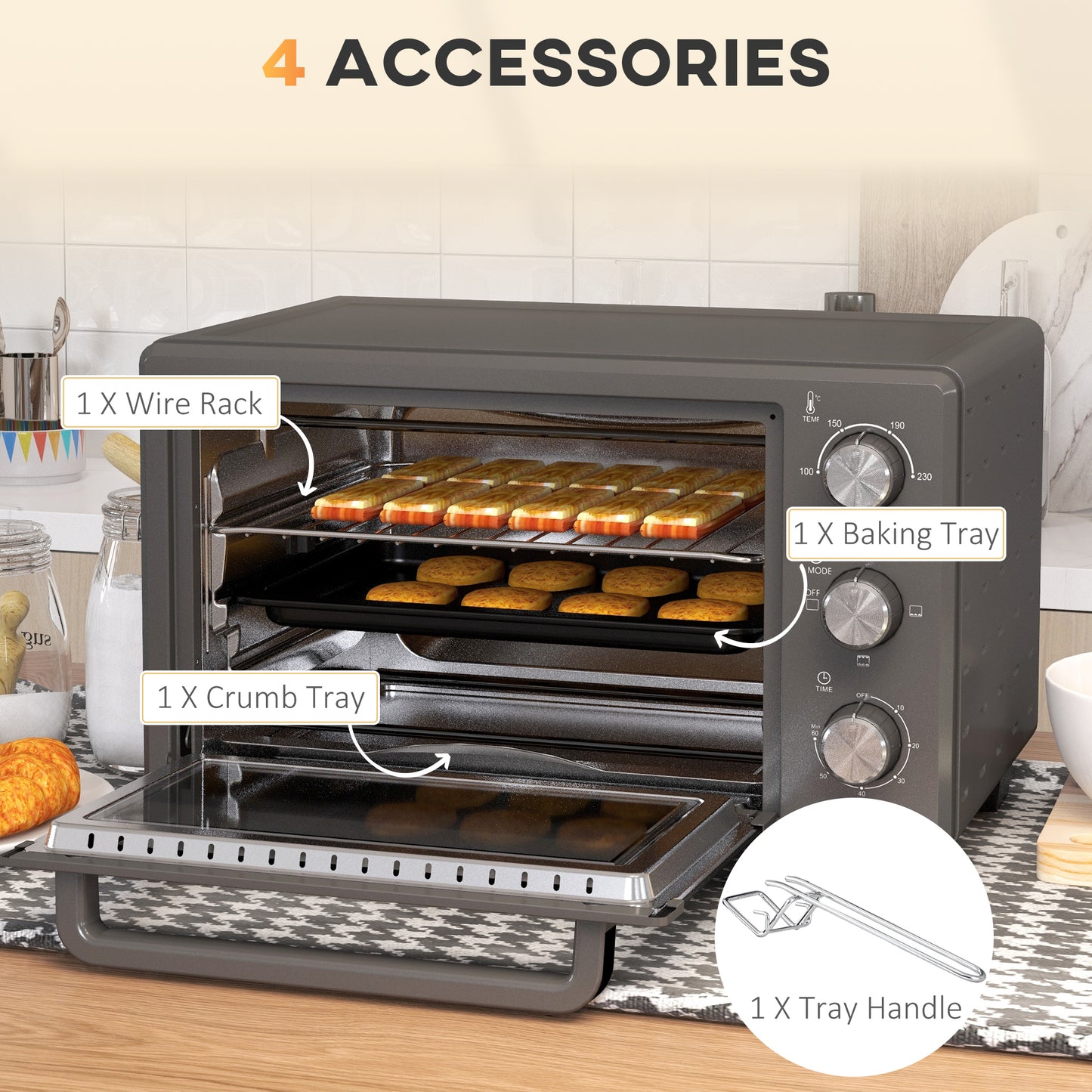 HOMCOM 21L Compact Electric Toaster Oven with Adjustable Temperature and Timer, 1400W, Grey - ALL4U RETAILER LTD