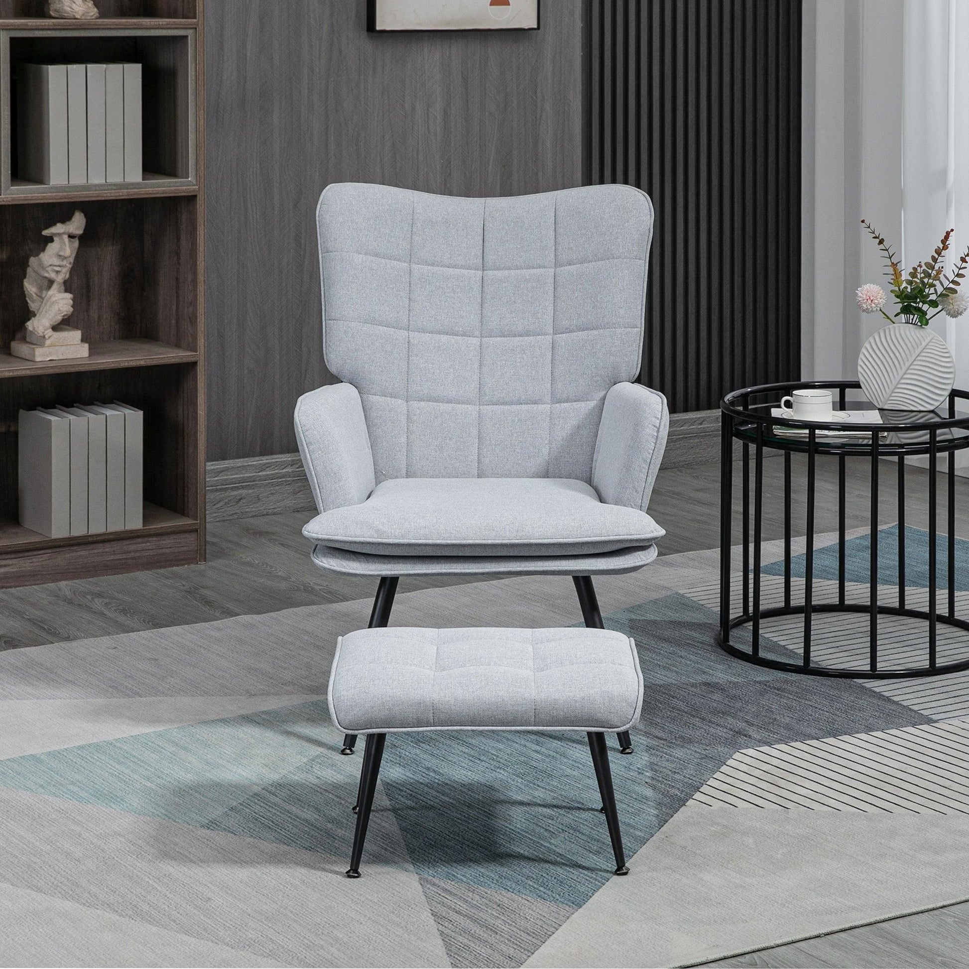 HOMCOM Living Room Chair with Footstool and Steel Legs, Light Grey - ALL4U RETAILER LTD