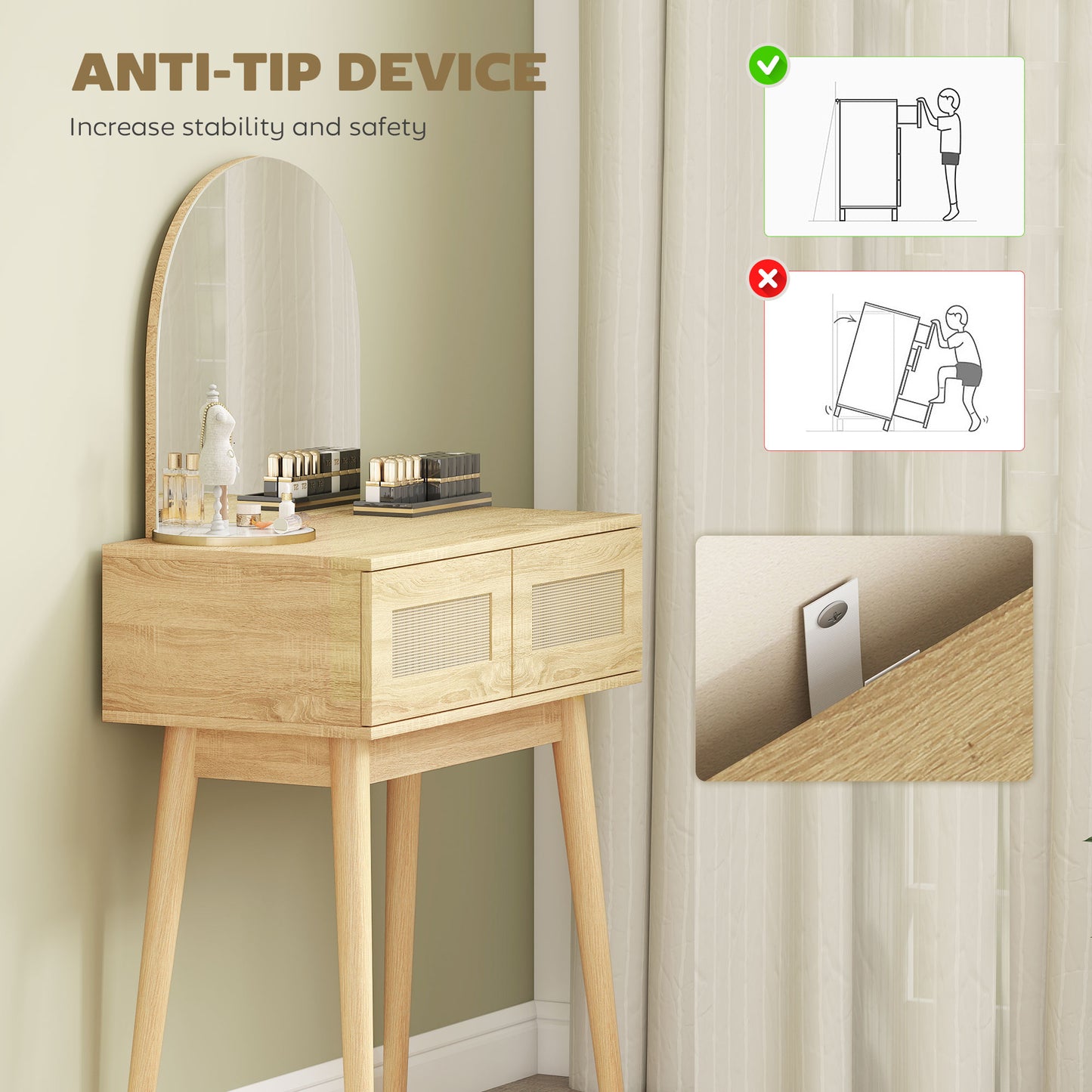 HOMCOM Compact Dressing Table Vanity Desk With Mirror And Two Drawers Natural Wood Finish
