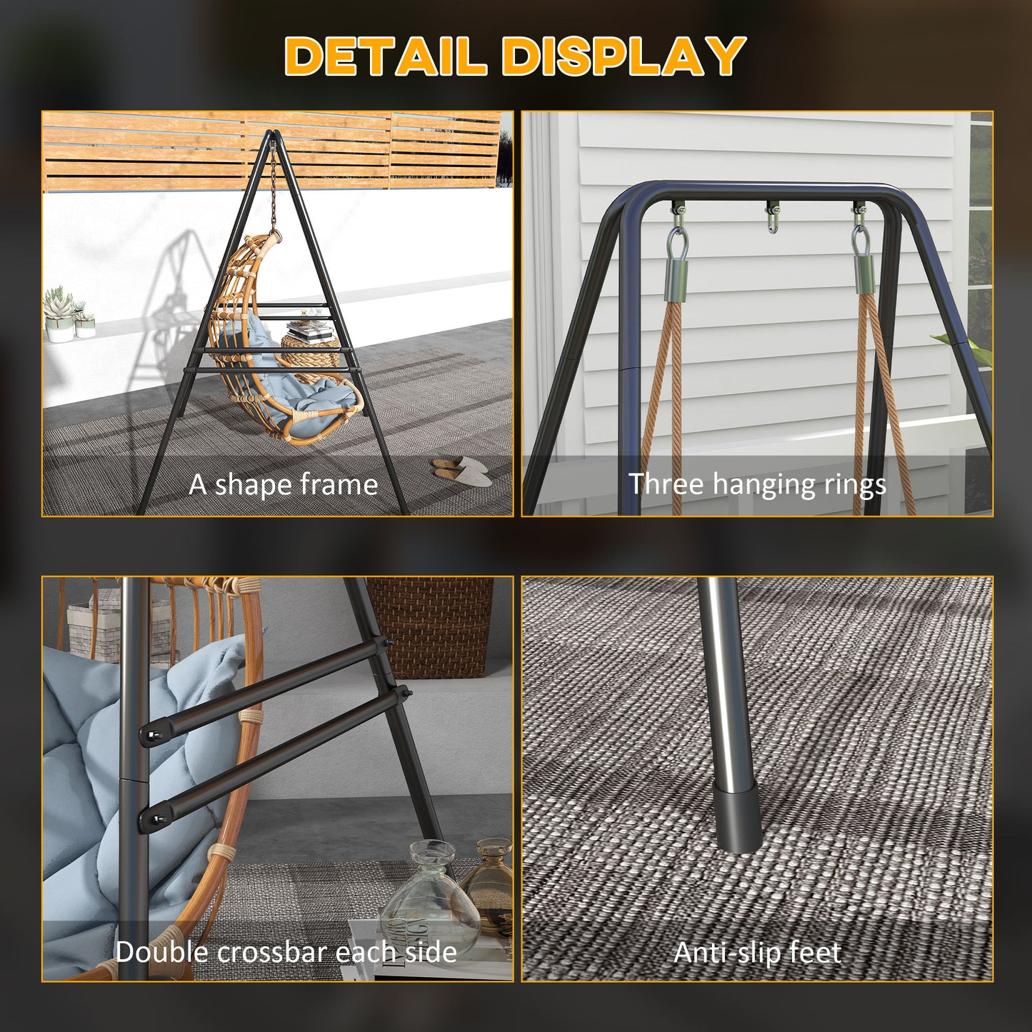 Outsunny Hammock Chair Stand Heavy Duty Metal Frame for Hanging Chairs and Egg Chairs Black for Porch and Patio