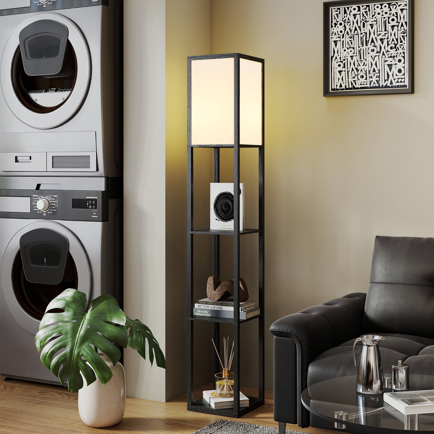 HOMCOM Floor Lamp With Shelves Three Tier Modern Standing Lamp For Living Room Bedroom Office Black Bulb Not Included