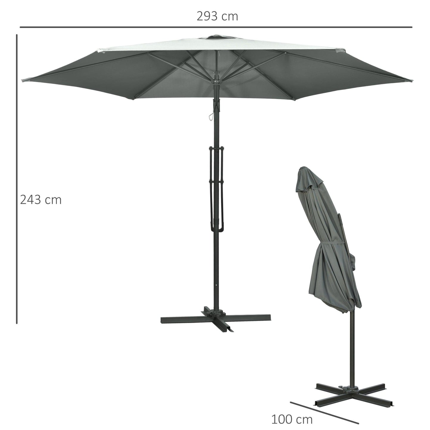 Outsunny 3m Cantilever Patio Umbrella with Crank Handle, Cross Base - Grey - ALL4U RETAILER LTD