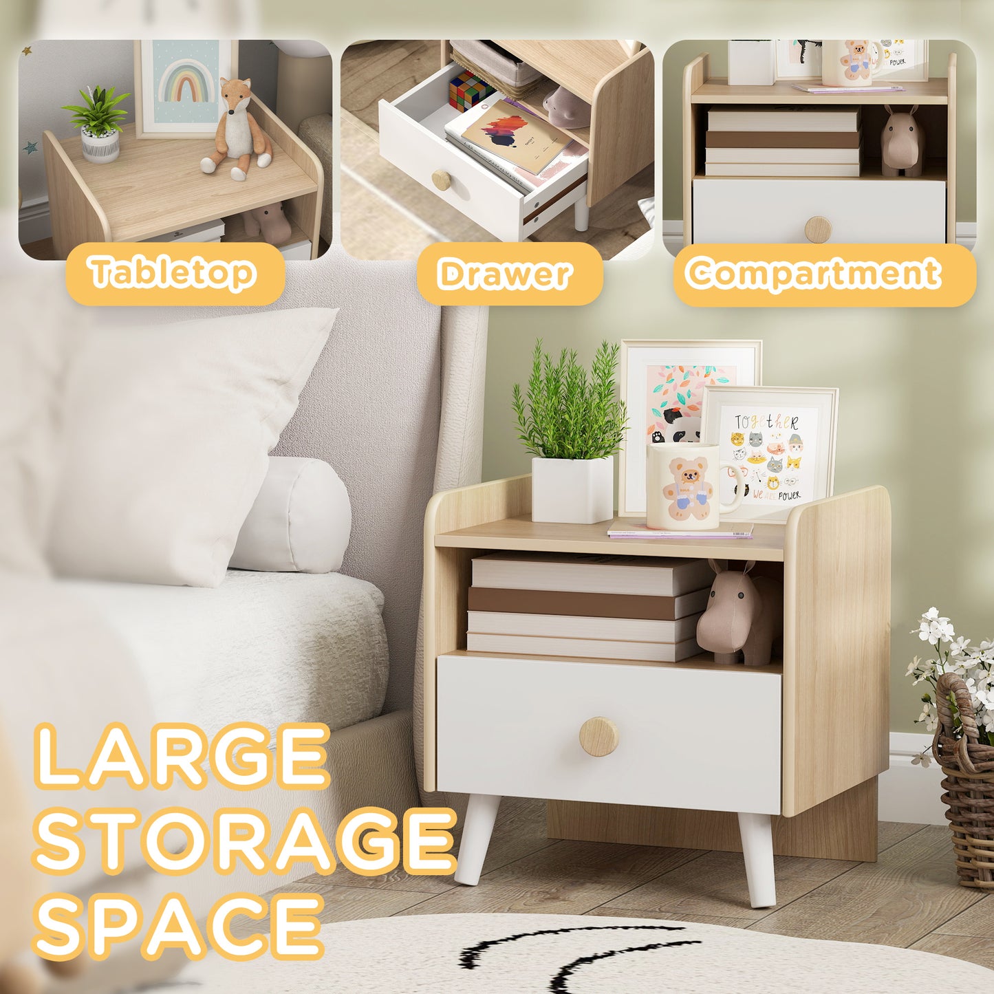 AIYAPLAY Kids Bedside Table With Drawer And Open Storage Shelf Wooden Nightstand For Bedroom White