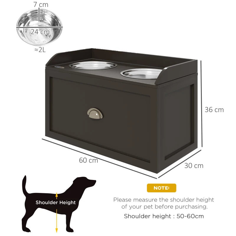 PawHut Raised Dog Bowls with Stainless Steel Dishes and 21L Storage Drawer for Large Dogs - Brown Elevated Feeder - ALL4U RETAILER LTD