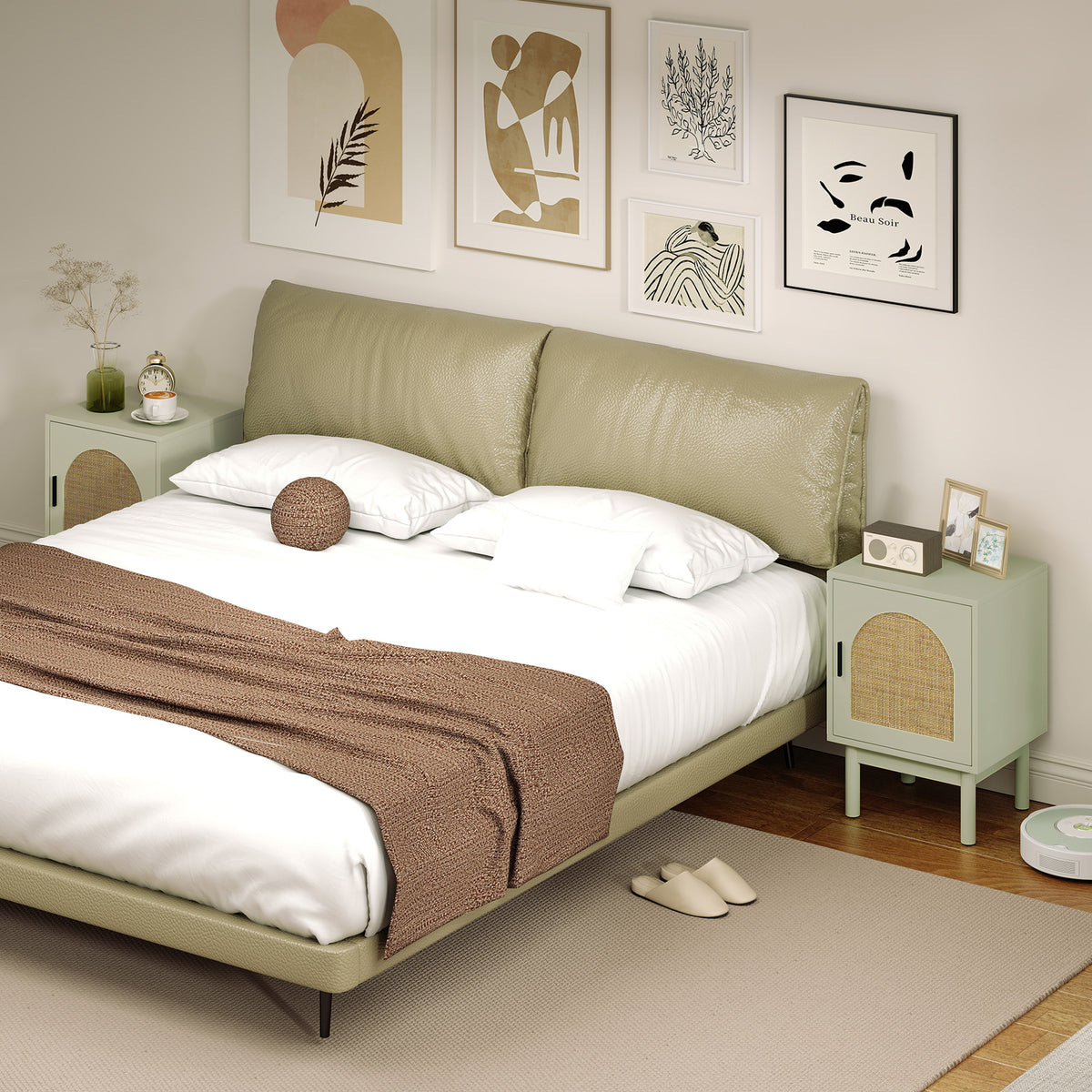 HOMCOM 2 Piece Rattan Bedside Table Set Light Green With Adjustable Shelf
