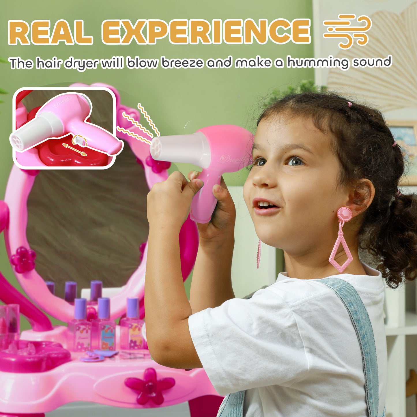 AIYAPLAY Pink Kids Vanity Set with Interactive Mirror, Music, and Accessories for Ages 3-6