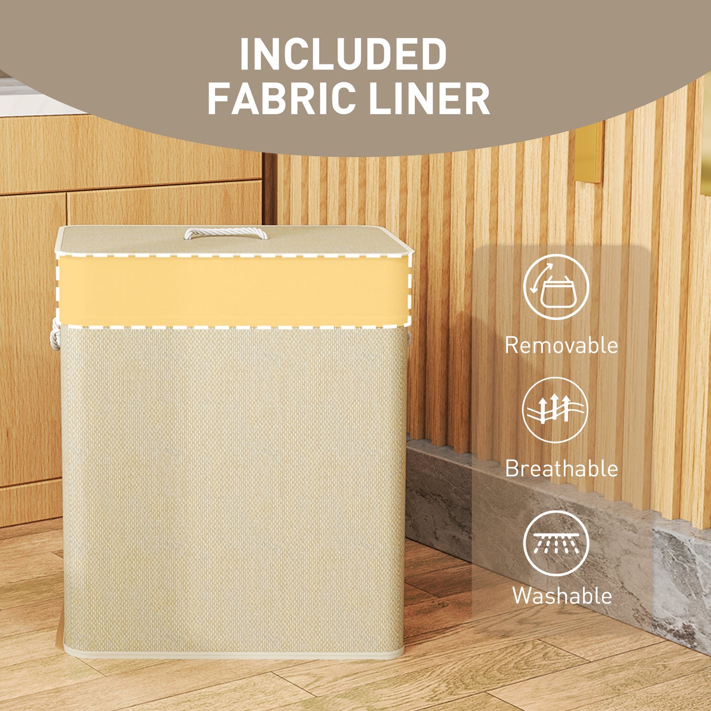 HOMCOM Double Laundry Hamper With Lid 100L Bamboo Basket With Rope Handles And Removable Liner Cream White
