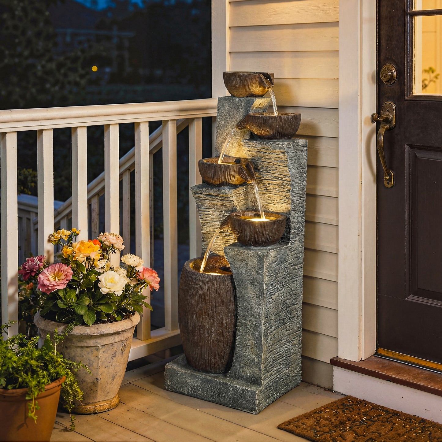 Outsunny Outdoor Fountain 5 Tier Garden Waterfall With LED Lights Adjustable Flow Grey And Rustic Brown