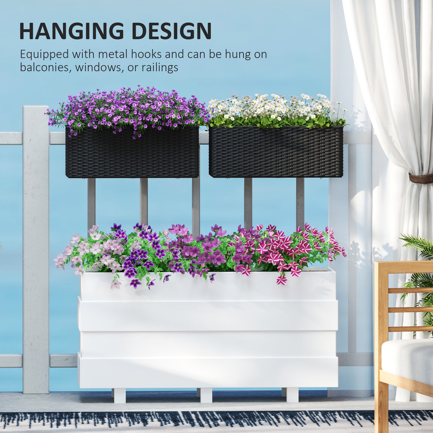 Outsunny Set of Two Rattan Effect Planters Black With Hooks For Balcony Railings And Outdoor Garden Decor