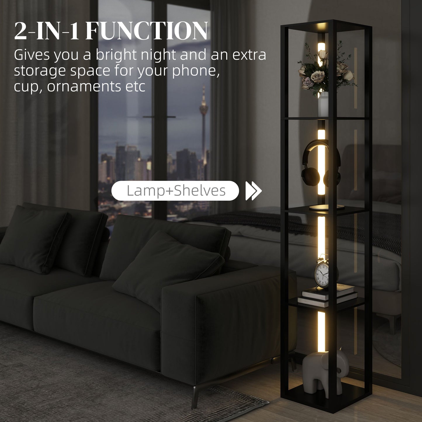 HOMCOM LED Floor Lamp With Shelves Modern Dimmable Standing Lamp With 3 Brightness Levels And Foot Switch Black