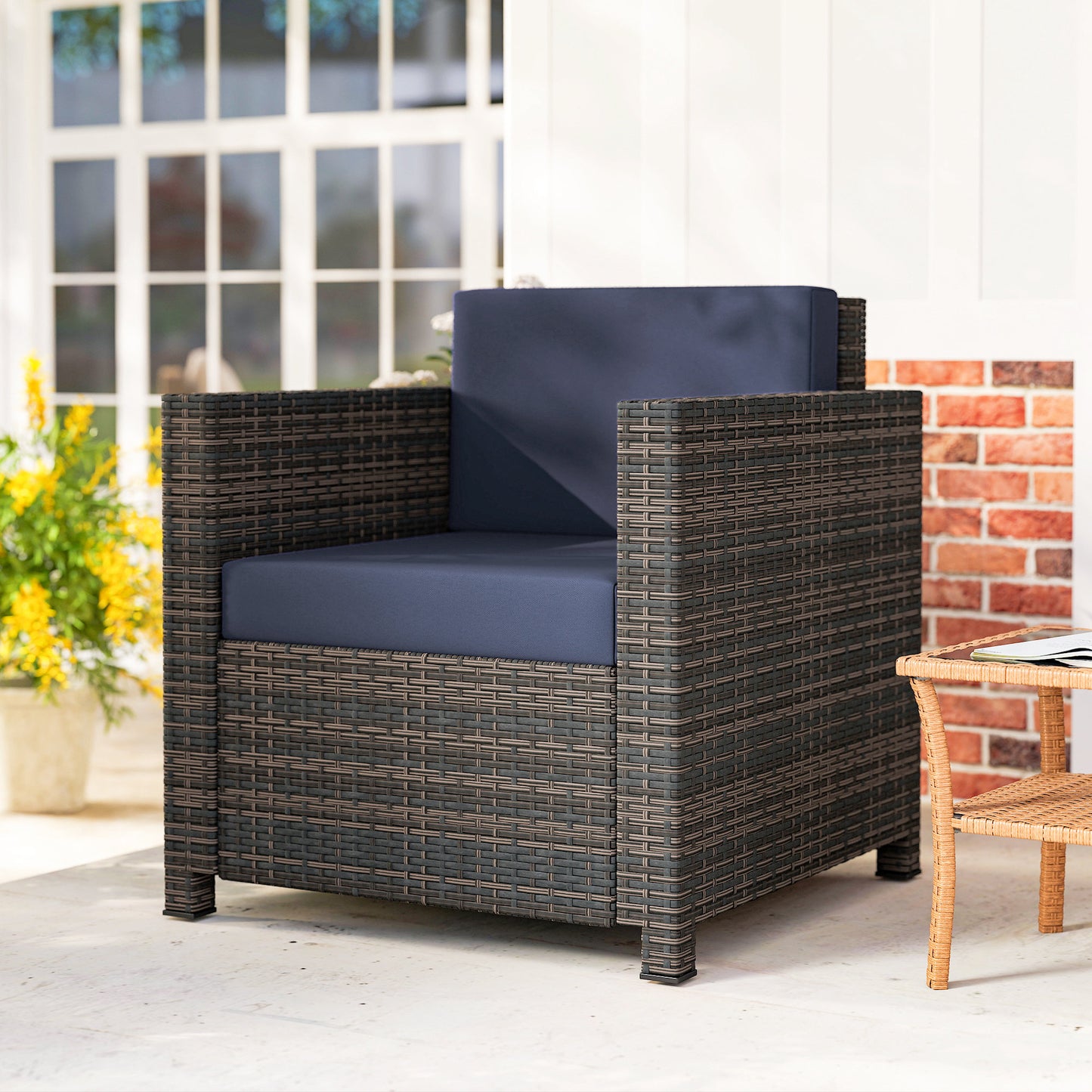 Outsunny PE Rattan Garden Armchair With Cushions Mixed Brown Navy Blue Water Resistant 10 Cm Thick