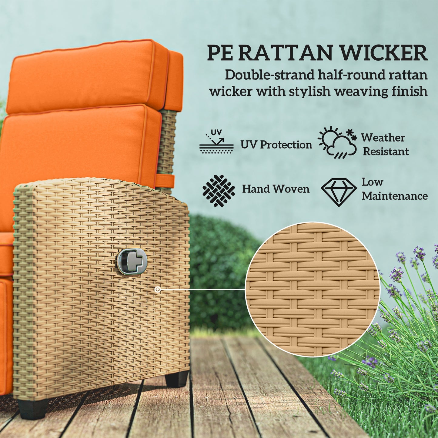 Outsunny 145 Degree Reclining Rattan Armchair With Manual Footrest Khaki Orange Outdoor Patio Lounge