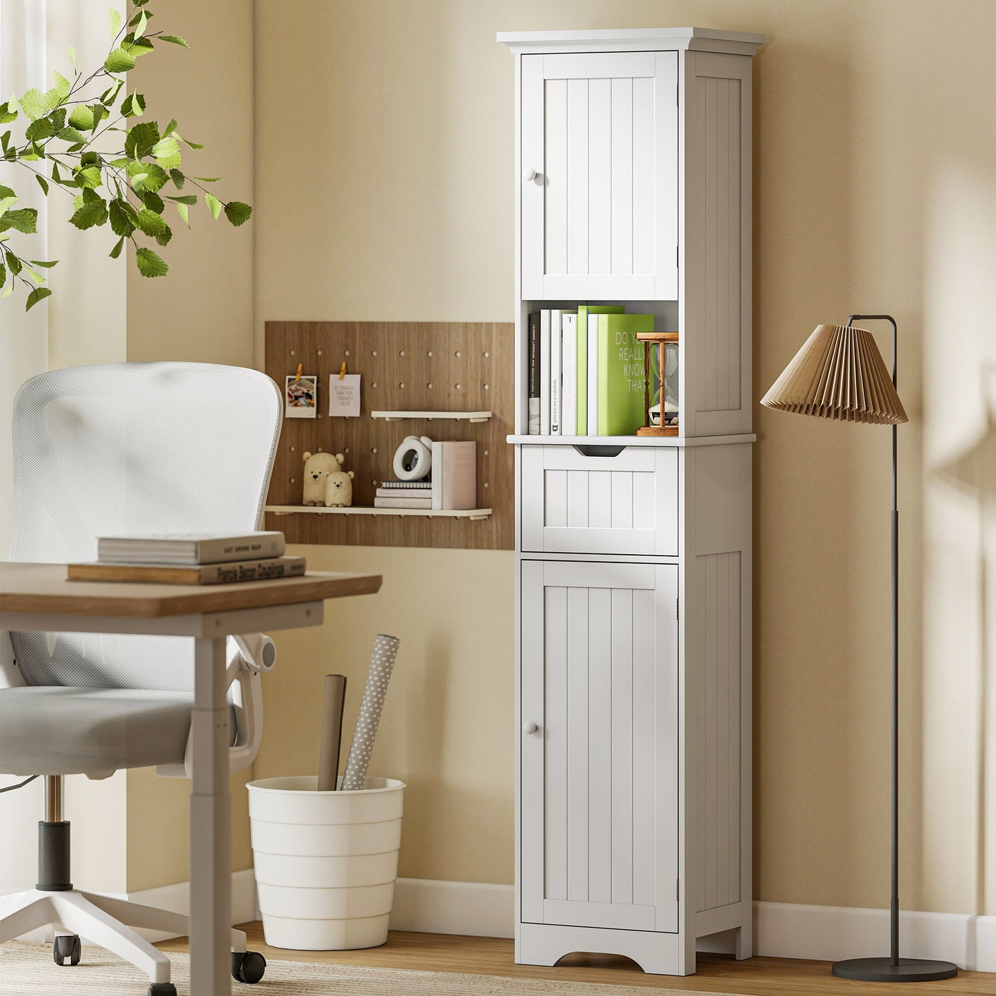 HOMCOM Slim Bathroom Storage Cabinet With Motion Sensor LED Lights White With Upper And Lower Cupboards And Drawer