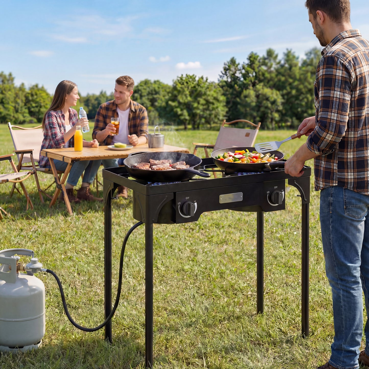 Outsunny Double Burner Camping Stove 150,000 BTU High Pressure Gas Stove With Detachable Legs Black